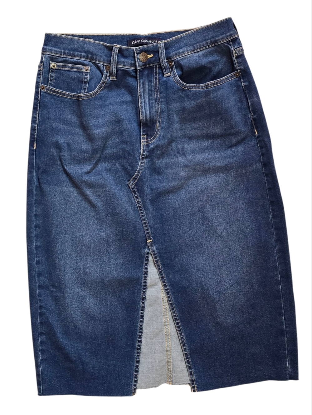 Calvin Klein Jeans Pencil Dark Blue Denim Skirt Front Slit 6/28